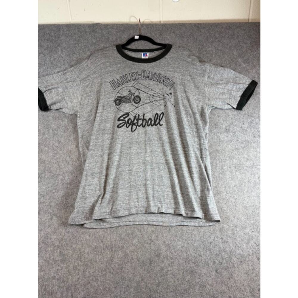 Vintage 80s Harley Davidson Softball Ringer Shirt Mens XL Gray Biker Streetwear